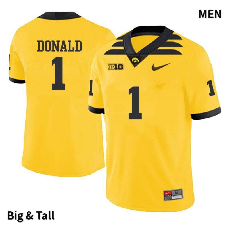 Men's Iowa Hawkeyes NCAA #1 Nolan Donald Yellow Authentic Nike Big & Tall Alumni Stitched College Football Jersey VV34C10HC
